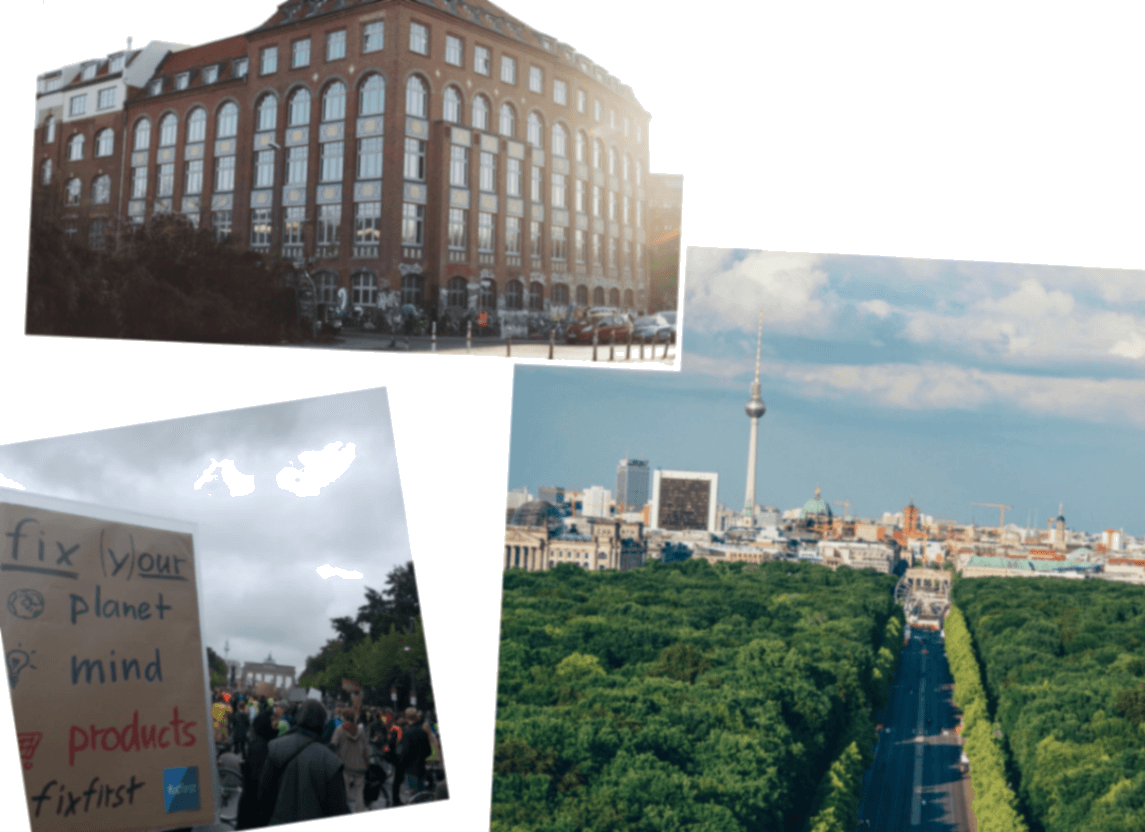 Collage of a Berlin building, a 'fix (y)our planet' protest sign, and the Brandenburg Gate skyline