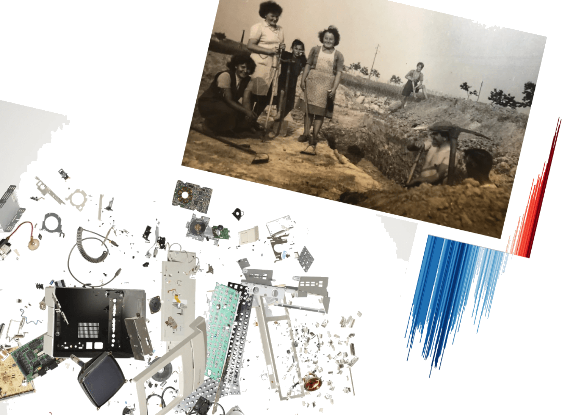 Historic photo of family building a house alongside a flatlay of disassembled electronics and a climate-stripes chart