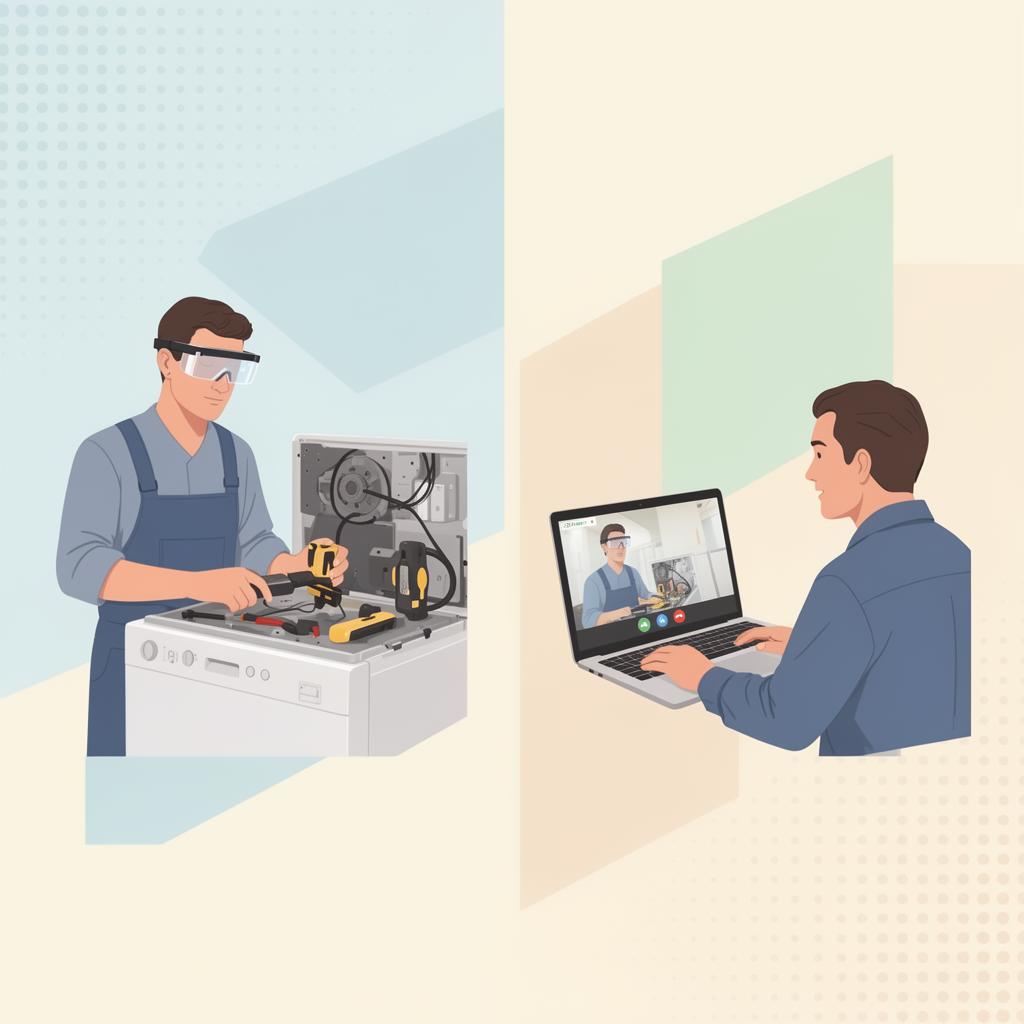 Abstract illustration of a remote expert supporting a repair technician via a live first-person video call