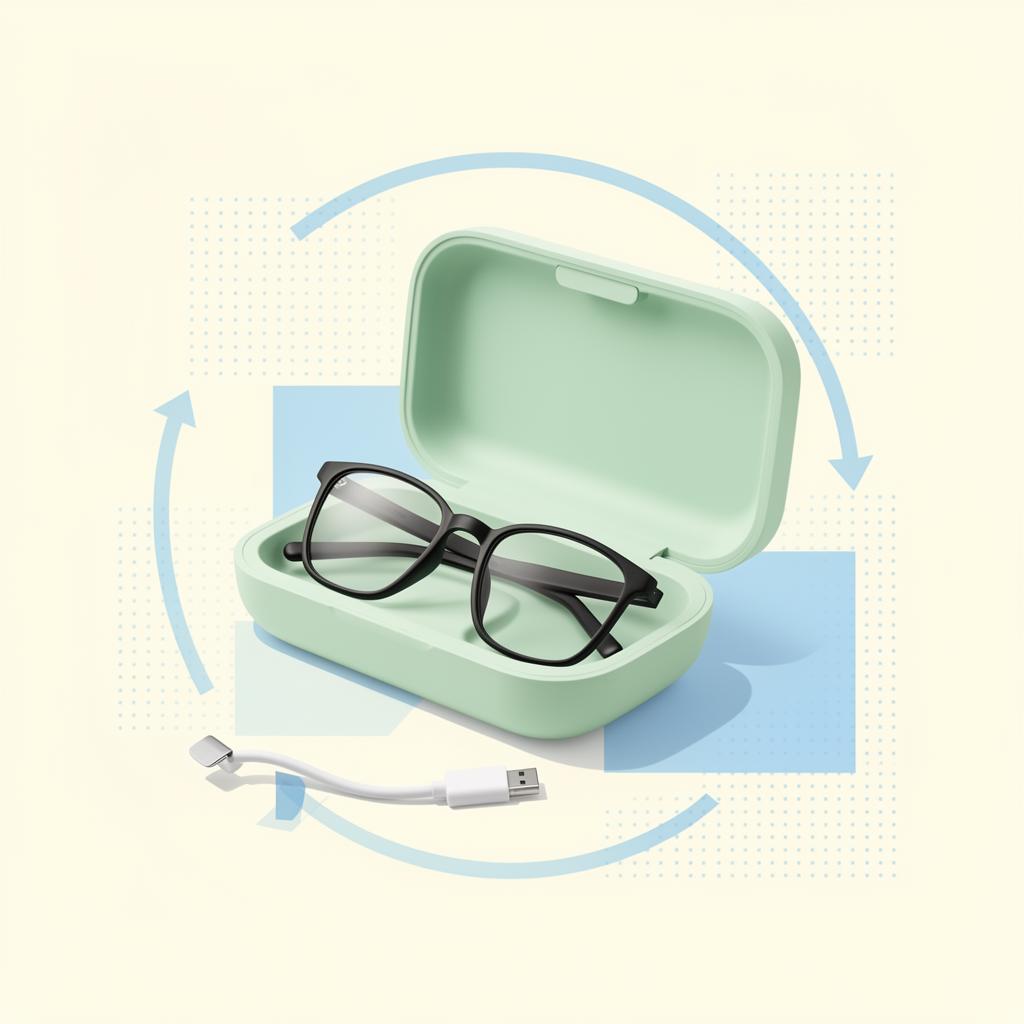Abstract illustration of smart repair glasses in a charging case with a circular rental loop